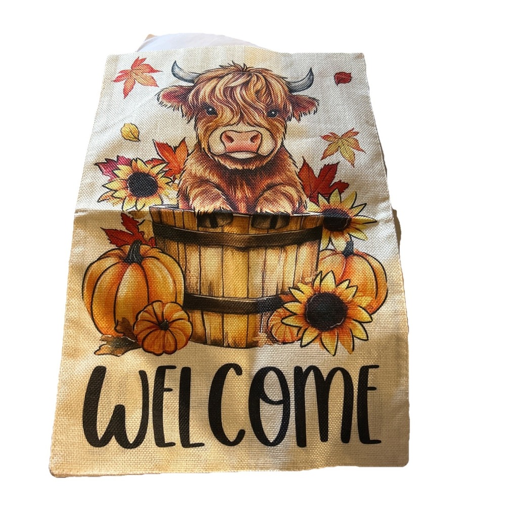 Welcome Fall Highland Cow Garden Flag Highland Cow with Flowers Burlap Yard Flag